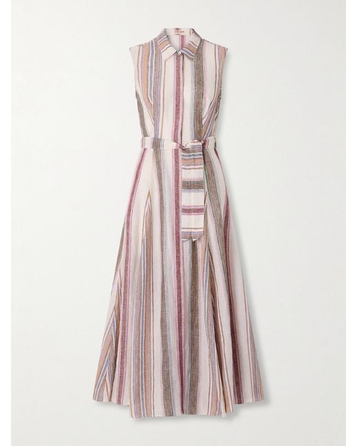 Emporio Sirenuse Pink Milarda Belted Striped Linen Midi Dress