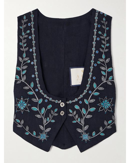 Agua Bendita Blue Esmeralda Relicario Embroidered Linen Cropped Top