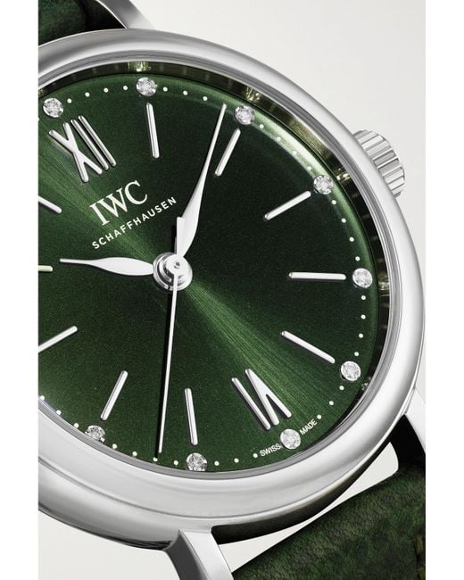 Iwc Green Portofino Automatic 34Mm Stainless Steel, Textured-Leather And Diamond Watch