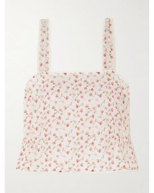 Posse Natural Charlotte Lace-Trimmed Floral-Print Cotton Top