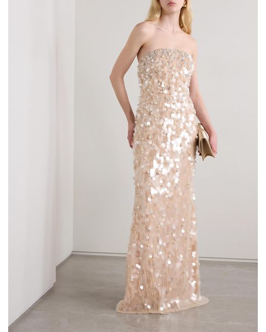 Carolina Herrera Natural Strapless Embellished Tulle Gown