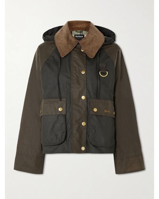 Barbour Black Reighton Spey Hooded Corduroy-Trimmed Waxed-Cotton Jacket