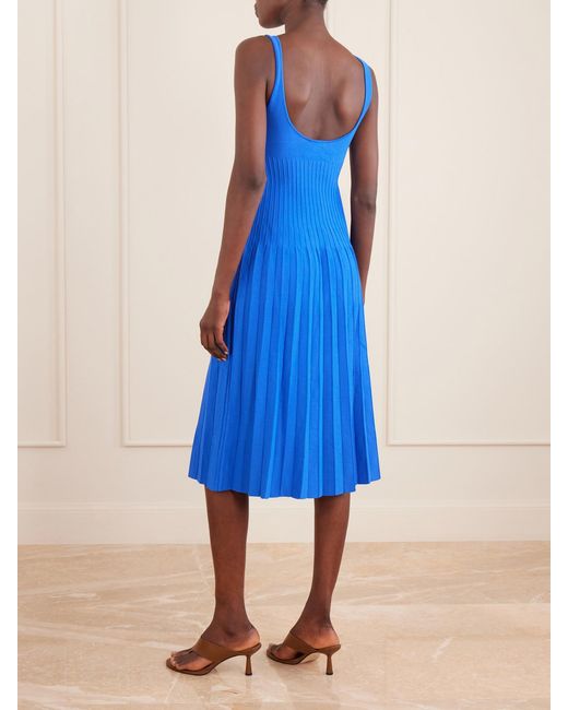 Staud Blue Ellison Pleated Knitted Stretch-Jersey Midi Dress