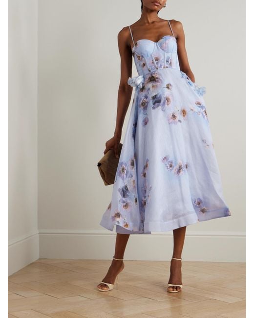 Zimmermann Purple Hypnotic Picnic Belted Appliquéd Floral-Print Linen And Silk-Blend Midi Dress