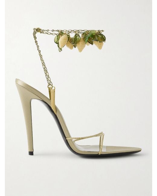 Saint Laurent Metallic Mon Chéri Embellished Suede-Trimmed Satin Sandals