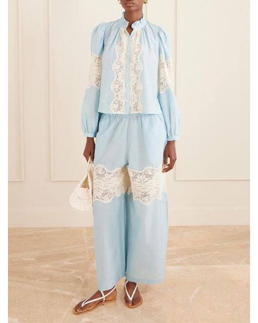 Alix Of Bohemia Blue Annabel Sky Lace-Trimmed Cotton And Silk-Blend Blouse