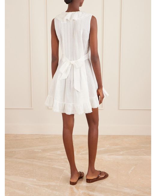Doen White Henrietta Ruffled Embroidered Ramie Mini Dress