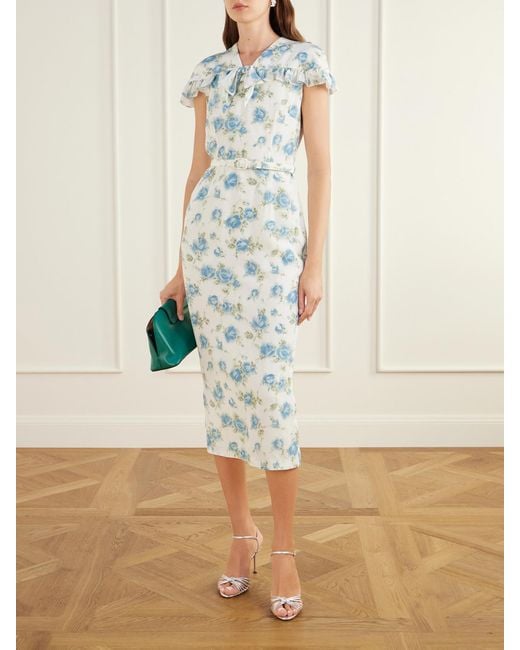 Alessandra Rich Blue Belted Floral-Print Ruffle-Trim Silk-Crepe Midi Dress