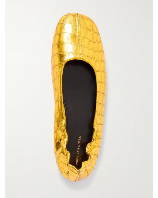 Dries Van Noten Yellow Metallic Croc-Effect Leather Ballet Flats