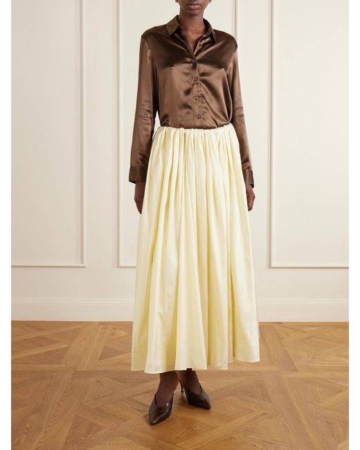 Abadia Natural Elodie Pleated Duchesse-Satin Midi Skirt