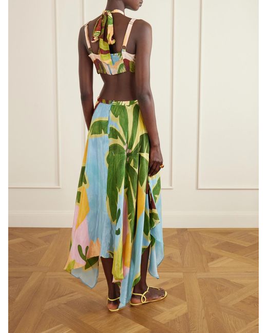Farm Rio White Tropical Painting Cut-Out Satin-Jersey Midi Dress