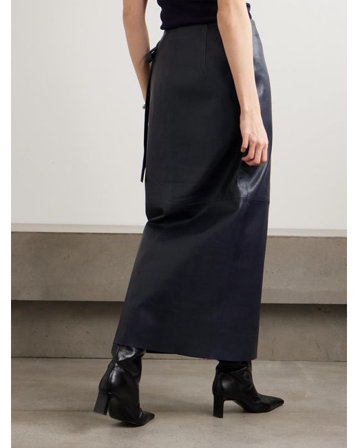 Nour Hammour Blue Paneled Leather Maxi Wrap Skirt