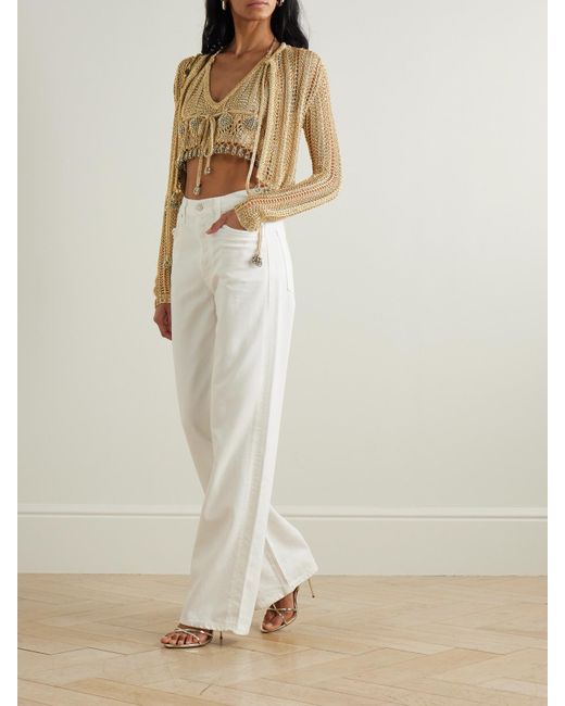 Rabanne Natural Bead-Embellished Metallic Open-Knit Cardigan