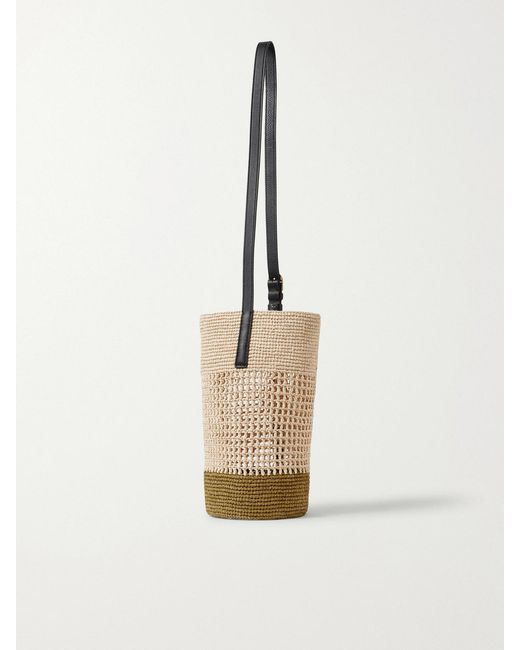 Khaite White Billie Leather-Trimmed Two-Tone Raffia Bucket Bag
