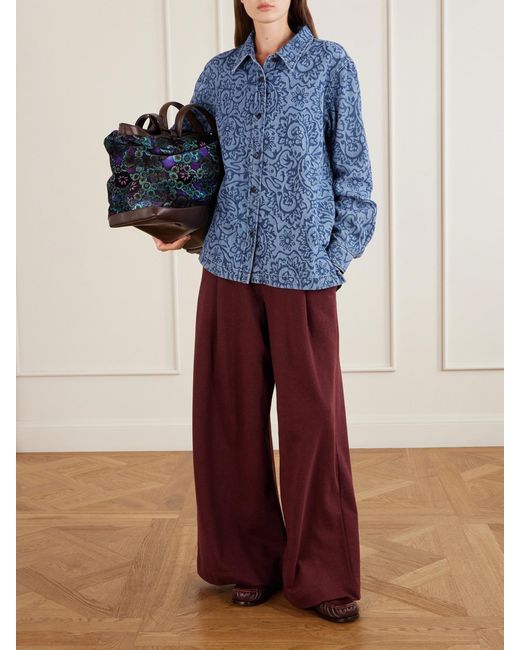 Dries Van Noten Blue Carter Printed Leather-Trimmed Velvet Tote