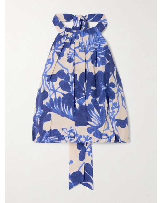 Cara Cara Blue Seattle Gathered Floral-Print Cotton-Poplin Halterneck Top