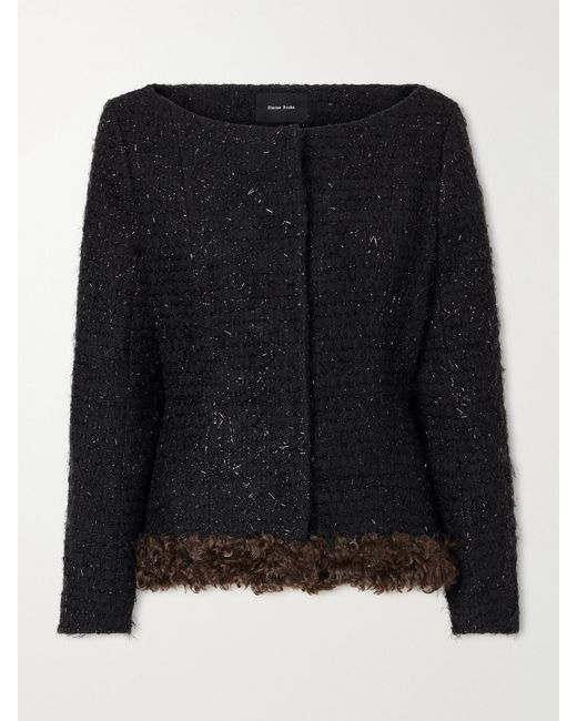 Simone Rocha Black Plush-Trimmed Metallic Tweed Jacket
