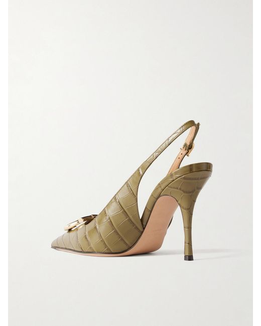 Ferragamo Metallic Sara 95 Croc-Effect Leather Slingback Pumps