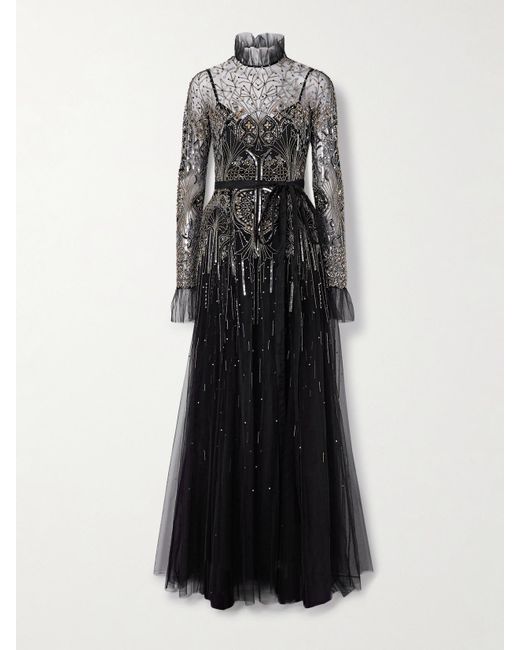 Zuhair Murad Black Belted Embellished Tulle Turtleneck Gown