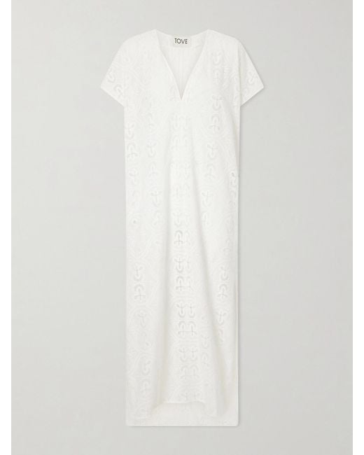 TOVE White Yuna Embroidered Cotton-Blend Midi Dress