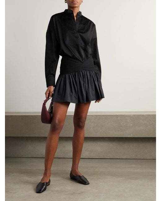 Abadia Black Ruched Chiffon-Trimmed Poplin Mini Skirt