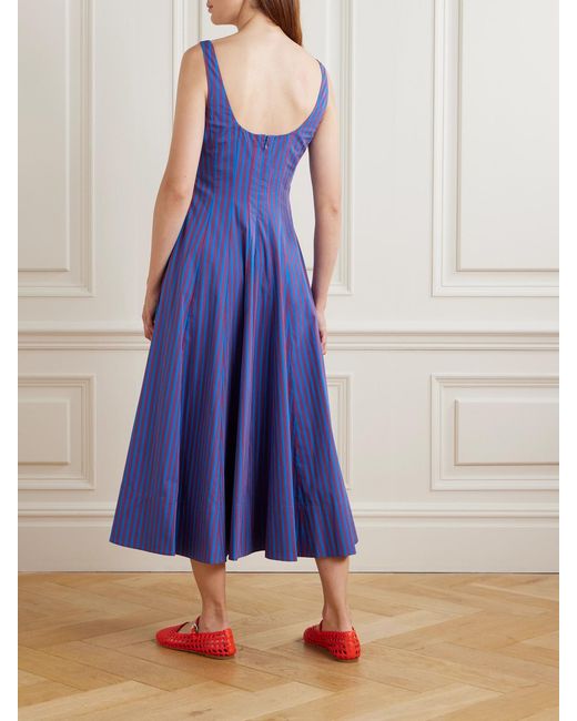 Staud Blue Wells Pleated Striped Cotton-Blend Poplin Midi Dress