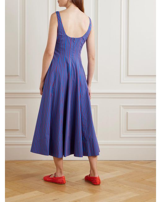 Staud Blue Wells Pleated Striped Cotton-Blend Poplin Midi Dress