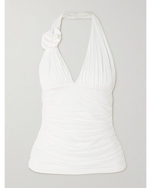 Maygel Coronel White Galini Appliquéd Ruched Stretch-Jersey Halterneck Top