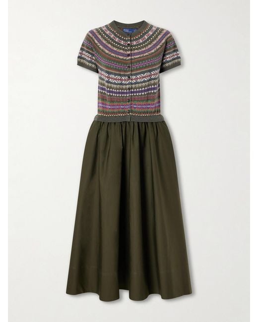 Polo Ralph Lauren Green Striped Wool, Cotton And Cashmere-Blend Midi Dress