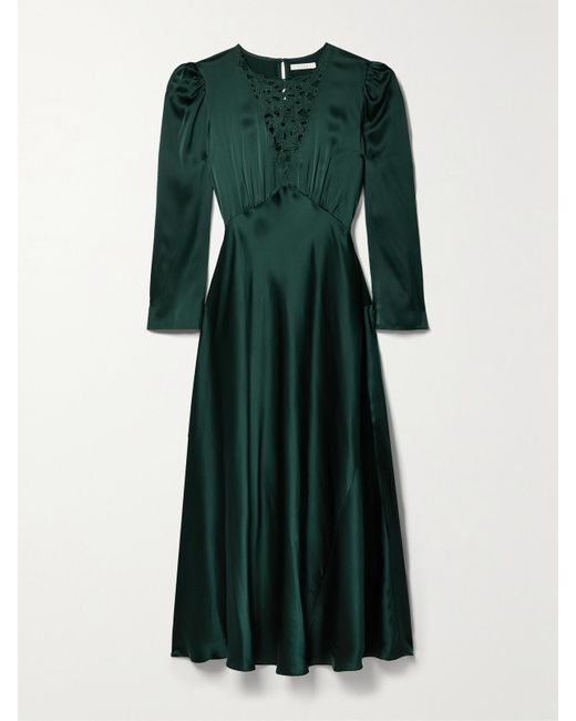 Doen Green Melinda Embroidered Silk-Satin Midi Dress