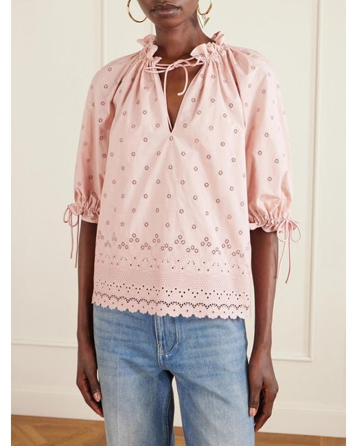 Valentino Garavani Pink Tie-Detailed Gathered Broderie Anglaise Cotton Blouse