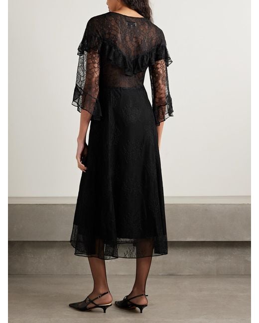 Maison Mayle Black Majorelle Tie-Neck Ruffled Chantilly Lace Maxi Dress