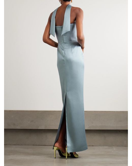 The New Arrivals Ilkyaz Ozel Blue Holly Bow-Embellished Cutout Satin Gown