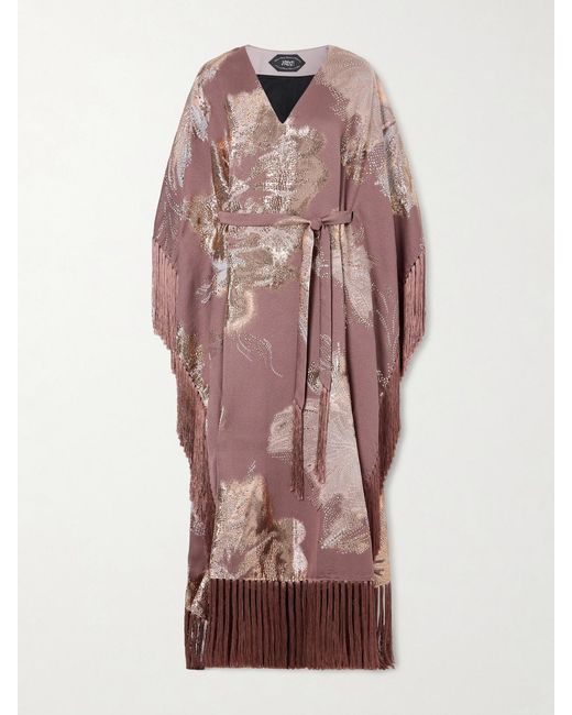 Taller Marmo Purple Dawn Royale Belted Fringed Embellished Crepe Kaftan