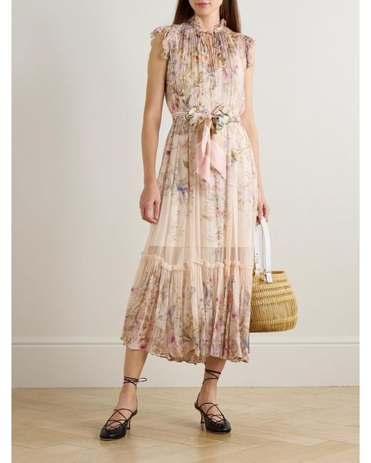 Zimmermann Natural Rebellion Tie-Detailed Ruffled Printed Chiffon Maxi Dress