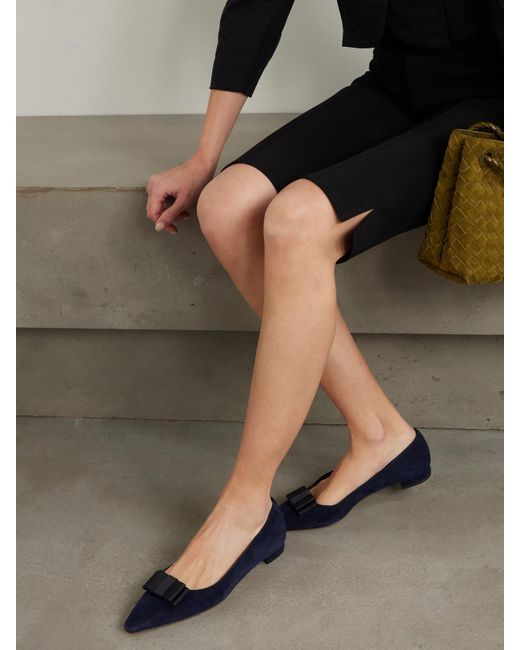 Manolo Blahnik Blue Reador 10 Bow-Detailed Suede Point-Toe Flats