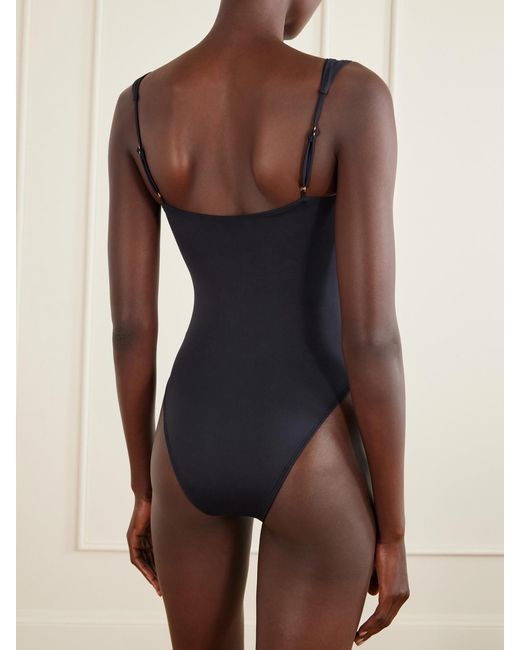 Away That Day Blue Cannes Embellished Gathered Swimsuit