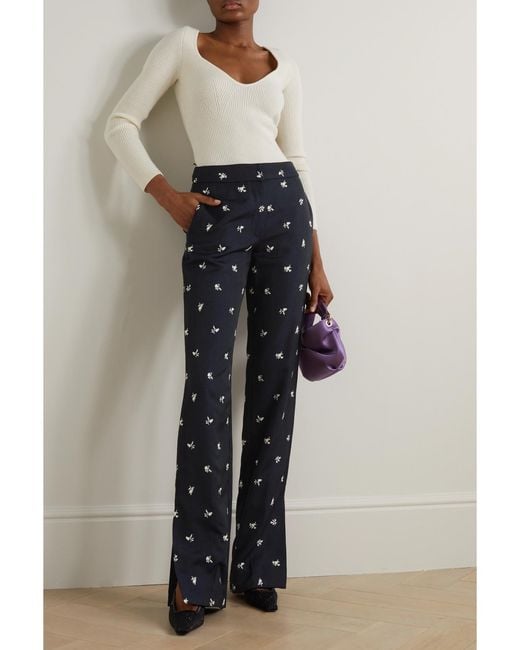 Erdem Blue Floral-Jacquard Straight-Leg Pants
