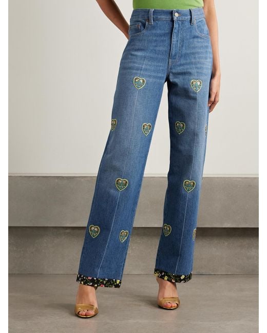 Valentino Blue Embroidered Embellished High-Rise Straight-Leg Jeans