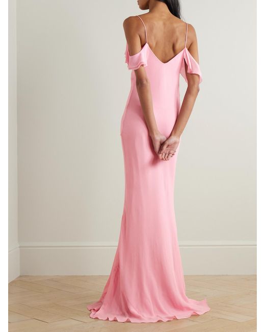 Self-Portrait Pink Appliquéd Ruffled Cold-Shoulder Georgette Maxi Dress