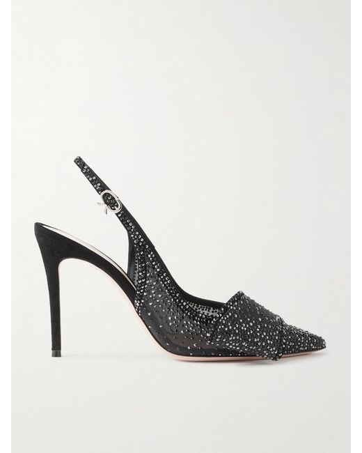 Gianvito Rossi Black 95 Suede-Trimmed Crystal-Embellished Organza Slingback Pumps