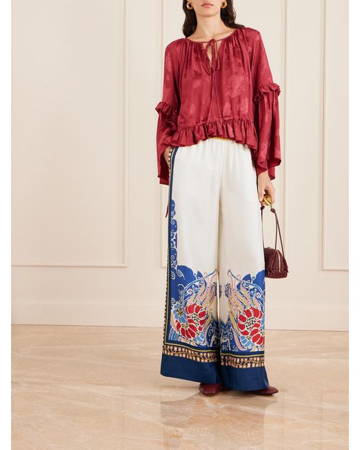 LaDoubleJ Blue Printed Silk-Twill Wide-Leg Pants