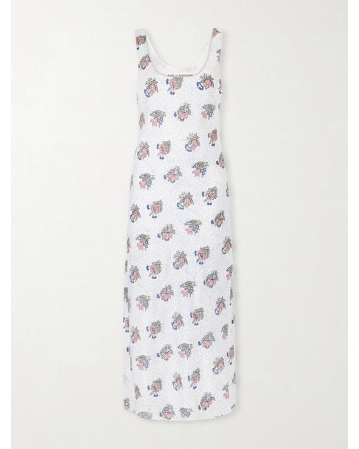 Alix Of Bohemia White Adele Mist Quatre Floral Patterned Silk Midi Dress