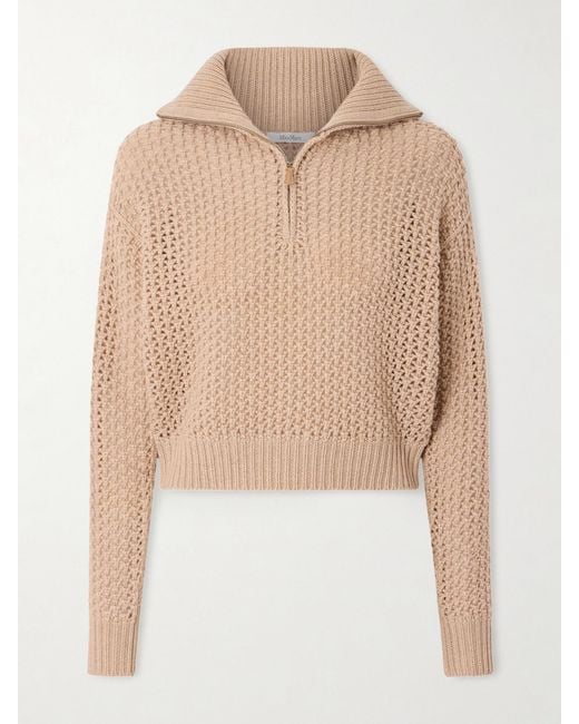 Max Mara Natural Open-Knit Metallic Wool-Blend Half-Zip Sweater