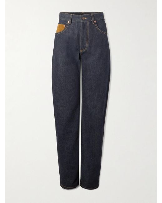 Bottega Veneta Blue Intrecciato Suede-Trimmed High-Rise Straight-Leg Jeans
