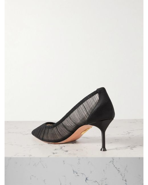 Aquazzura Gray 65 Satin-Trimmed Ruched Tulle Point-Toe Pumps