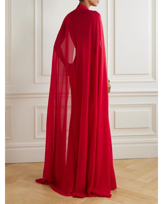 Elie Saab Red Cape-Effect Bow-Embellished Crepe Gown