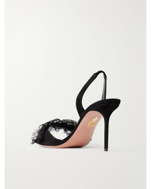 Aquazzura Black Lover 85 Lace-Trimmed Suede Slingback Sandals