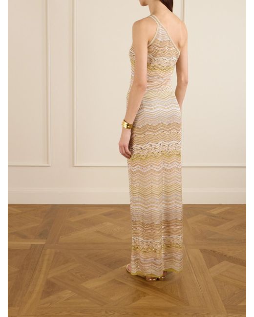 Missoni Natural One-Shoulder Sequin-Embellished Striped Metallic Crochet-Knit Maxi Dress