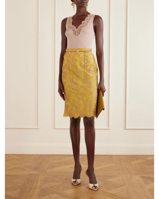 Saint Laurent Yellow Lace Midi-Skirt